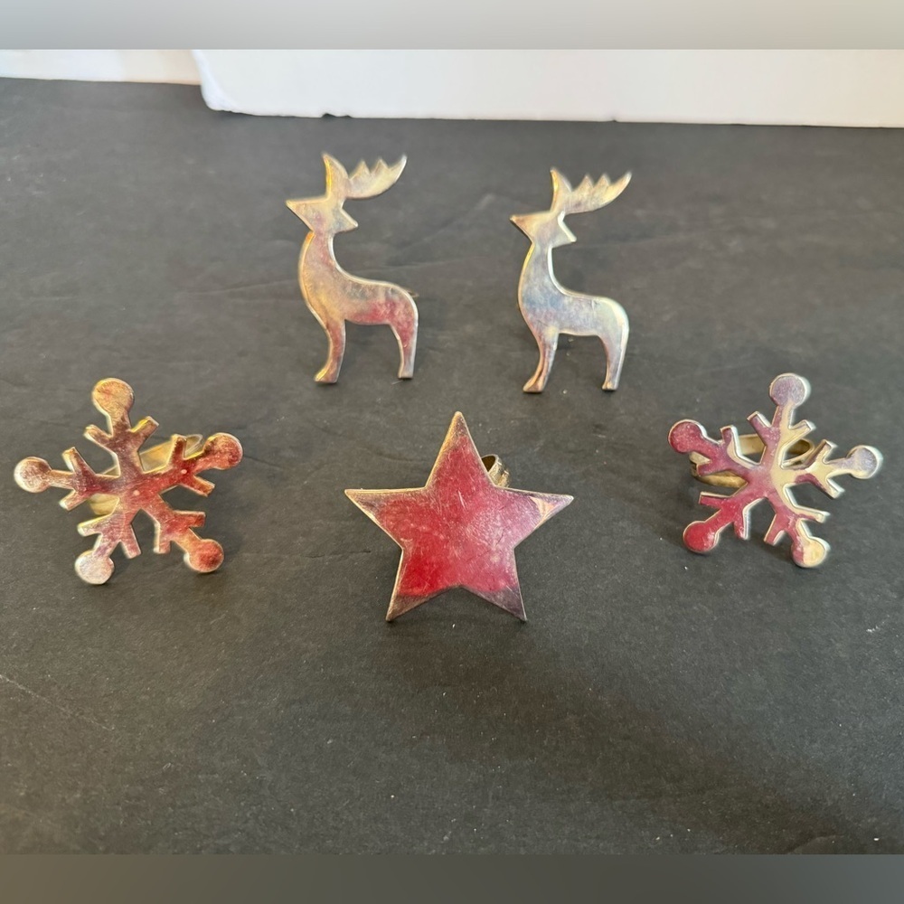 Set of 5 Vintage Solid Brass Christmas Holiday Napkin Ring Holders